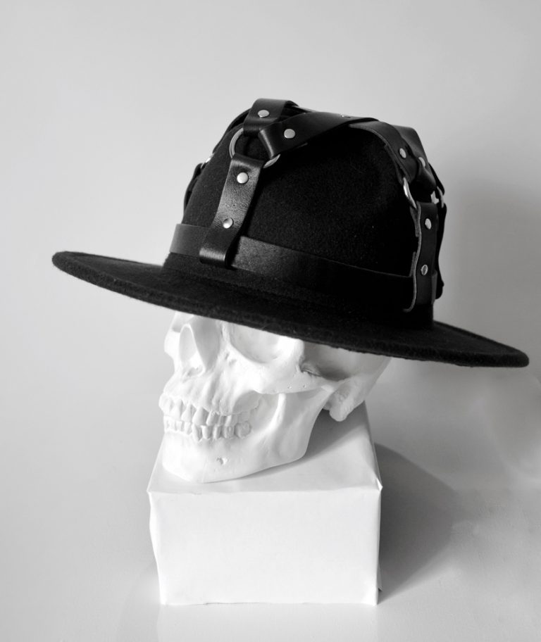 black fedora hat with leather pentagram top accessory