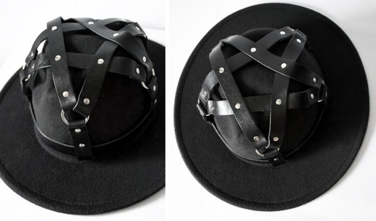 black fedora hat wide brim with leather hatband
