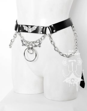 leather gothic belt with chains, rings and bats