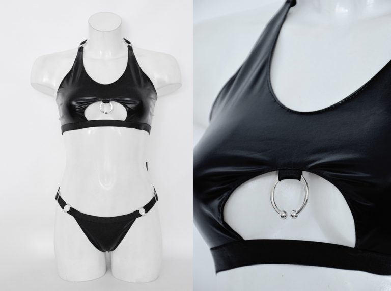 black wetlook satin lingerie set of bra and bikini