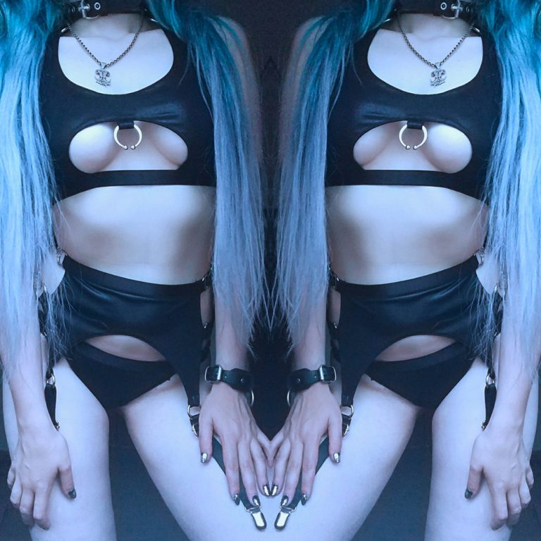 sexy pastel goth girl in black lingerie set