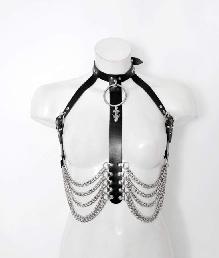 leather bra harness with chain ribs