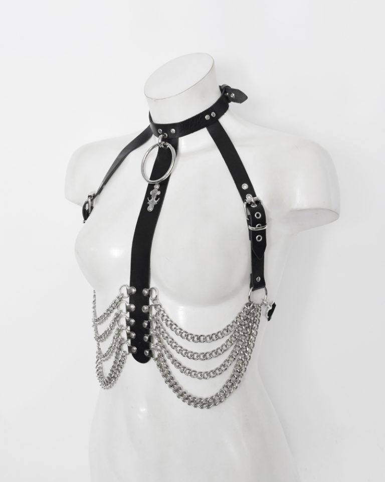 leather body harness with choker and chain ribs