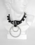 leather neck collar with black and white pearls and o-rings