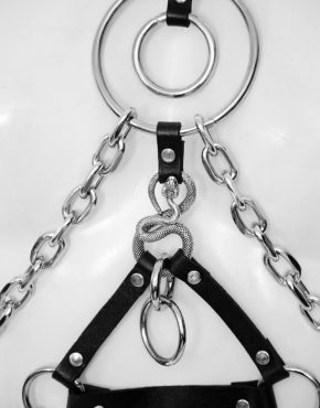 combination of chains, rings, leather and metal snake element