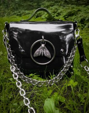 black pvc vinyl bag gothic accessory with chains and moth symbol