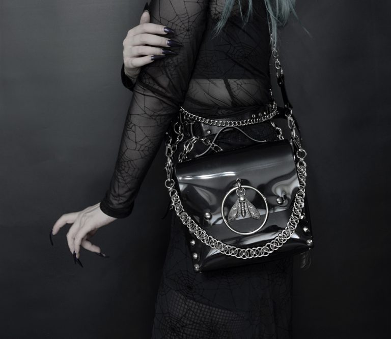 dark fashion gothic purse with chain handle made of black pvc