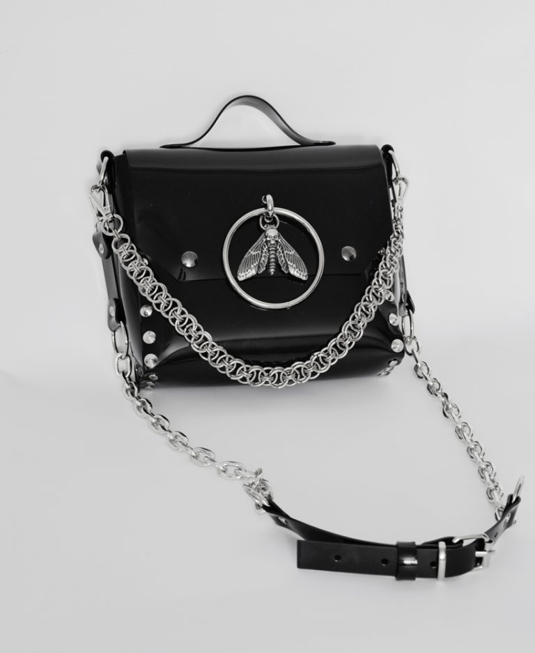 black stylish gothic pvc bag with moth o ring pendant