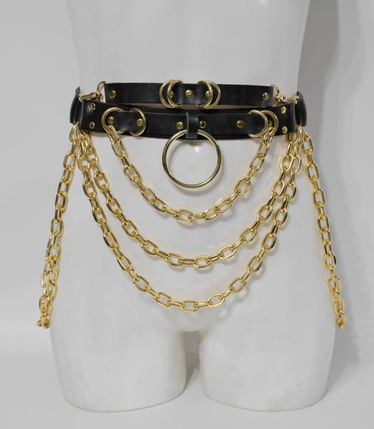 leather belt with golden chains and ring