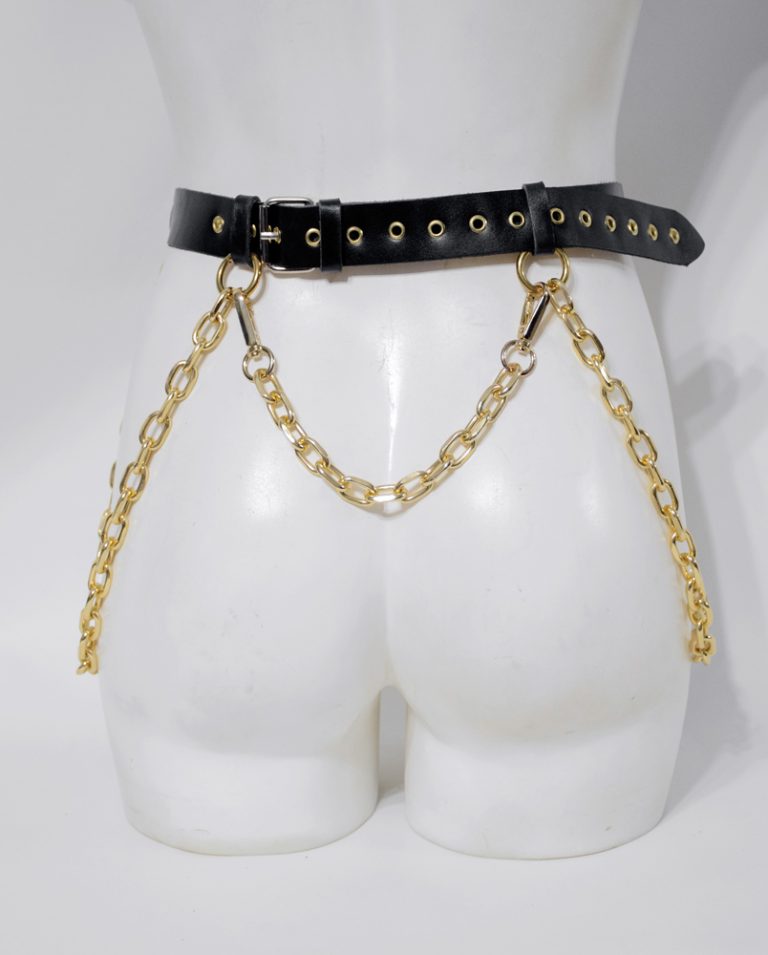 leather belt with golden chains and eyelets