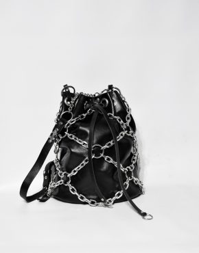 shiny leather black hand bag with metal chains