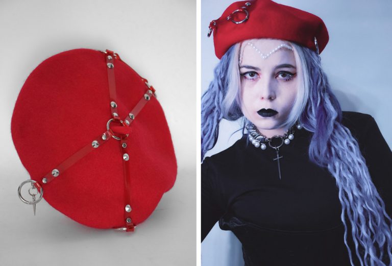 red woolen beret with harness and metal pin