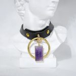 gold plated leather choker with amethyst stone pendant